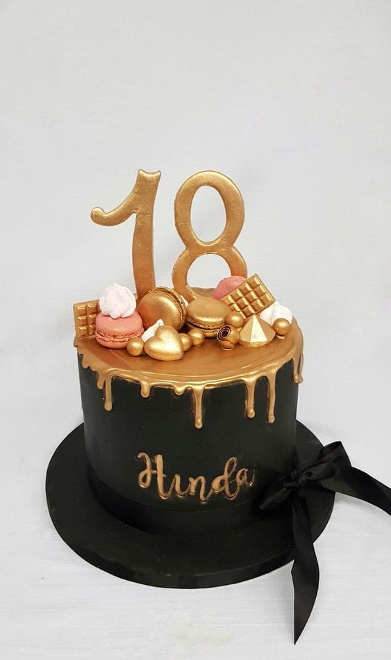 Gold and Black Birthday cake, macarons and drip design